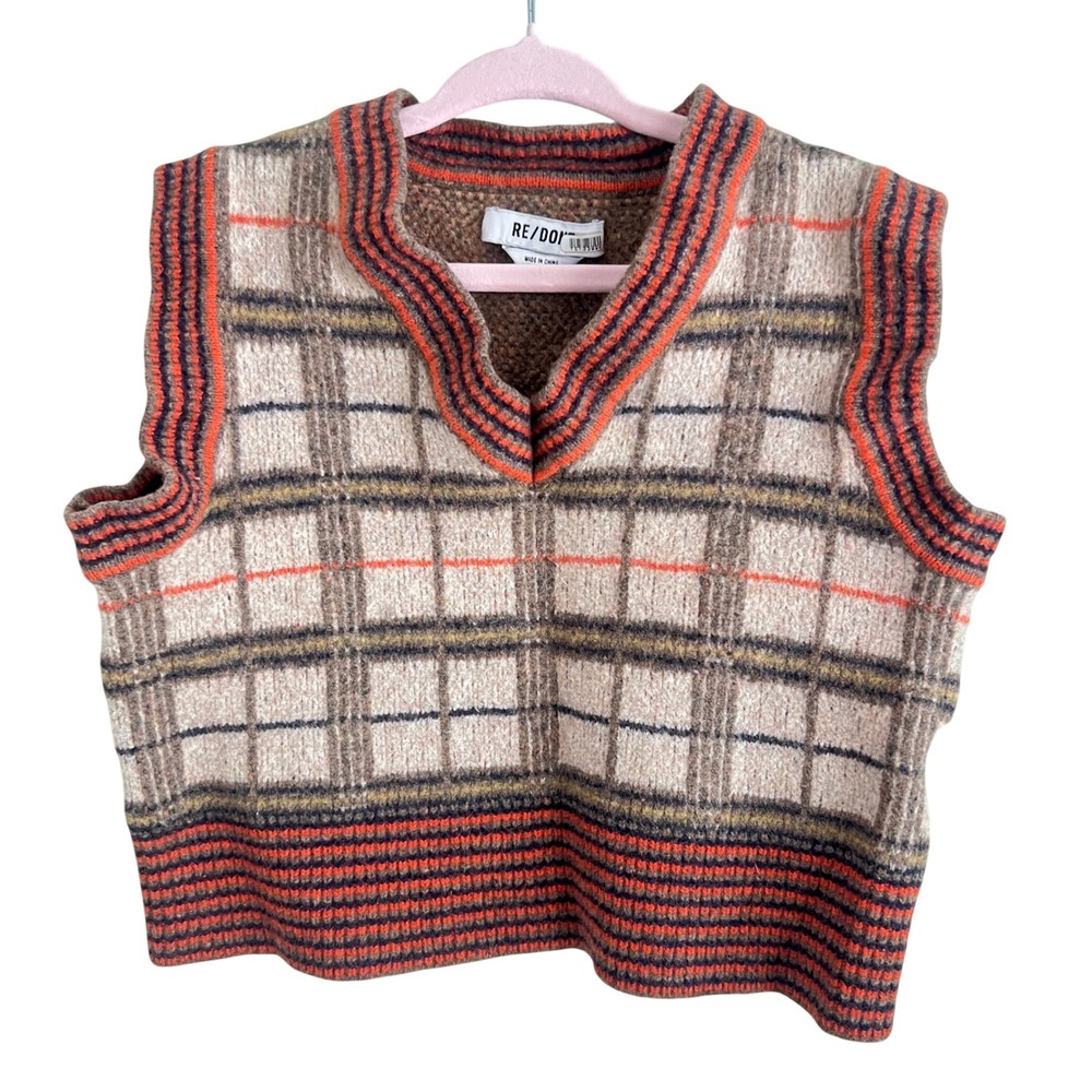 Boys Retro Plaid Sweater Vest 2T Wool Cashmere Brown Orange Preppy V-Necks‎